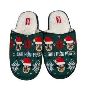 Holiday Time Green "Bah Hum Pug" Christmas Slip-On Slippers Sz 13/14 Green